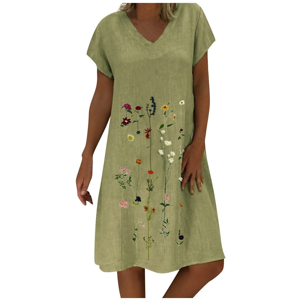 Embroidered Short Sleeves Knee-length V-neck Casual Dress Fashion Women Plus Size Mujer Vestidos Loose Female Fashion Dresses