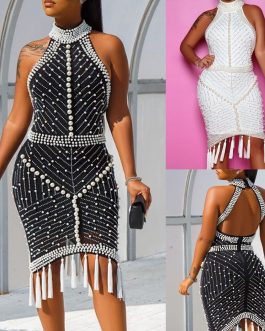 Women Dress Fashion Sexy Sleeveless Pearl