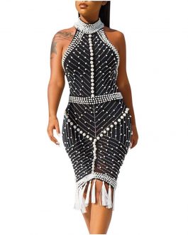 Women Dress Fashion Sexy Sleeveless Pearl