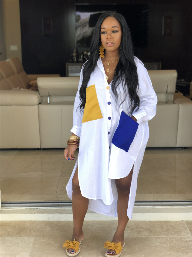 Adogirl Big Colorful Pockets Loose Casual Shirt Dress S-2XL Women Long Sleeve Asymmetrical Midi Dress Streetwear - Image 2