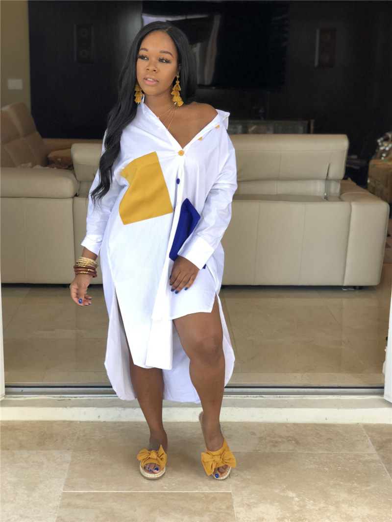 Adogirl Big Colorful Pockets Loose Casual Shirt Dress S-2XL Women Long Sleeve Asymmetrical Midi Dress Streetwear - Image 4