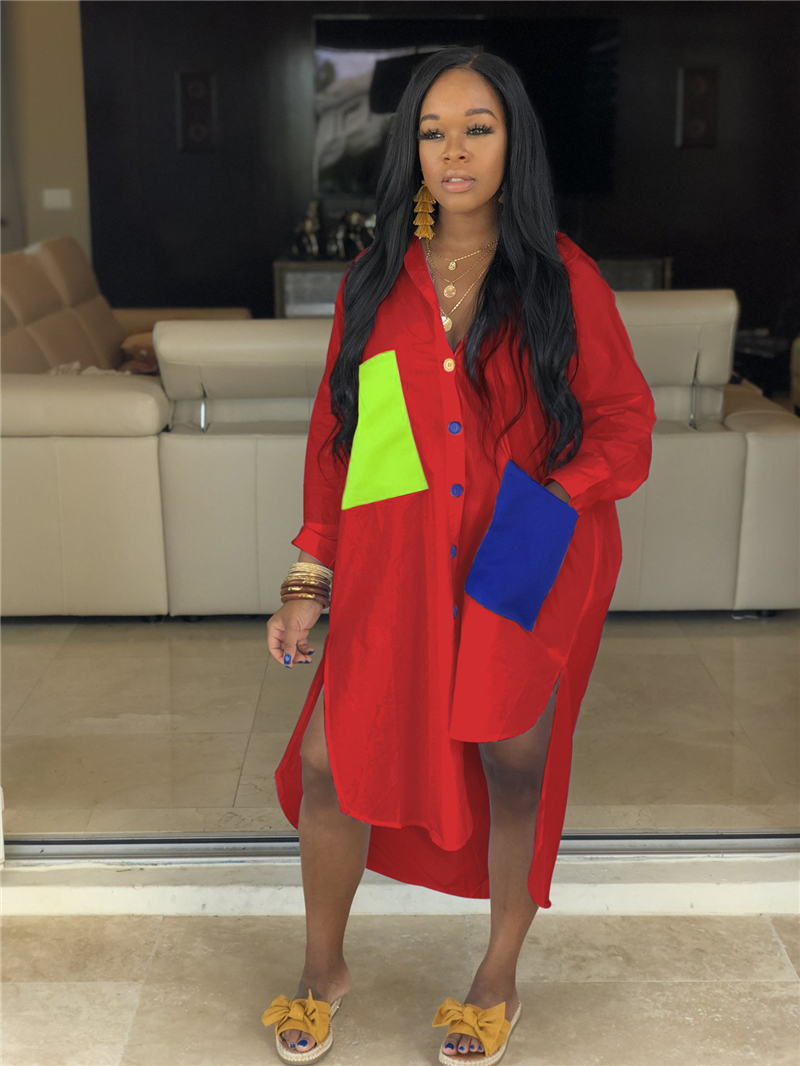 Adogirl Big Colorful Pockets Loose Casual Shirt Dress S-2XL Women Long Sleeve Asymmetrical Midi Dress Streetwear - Image 6