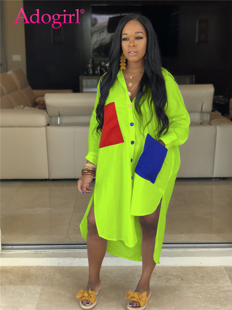 Adogirl Big Colorful Pockets Loose Casual Shirt Dress S-2XL Women Long Sleeve Asymmetrical Midi Dress Streetwear