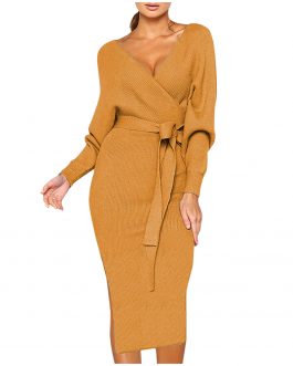 Fashion Knitted Sweater Autumn Winter V-Neck Wrap Long Dress
