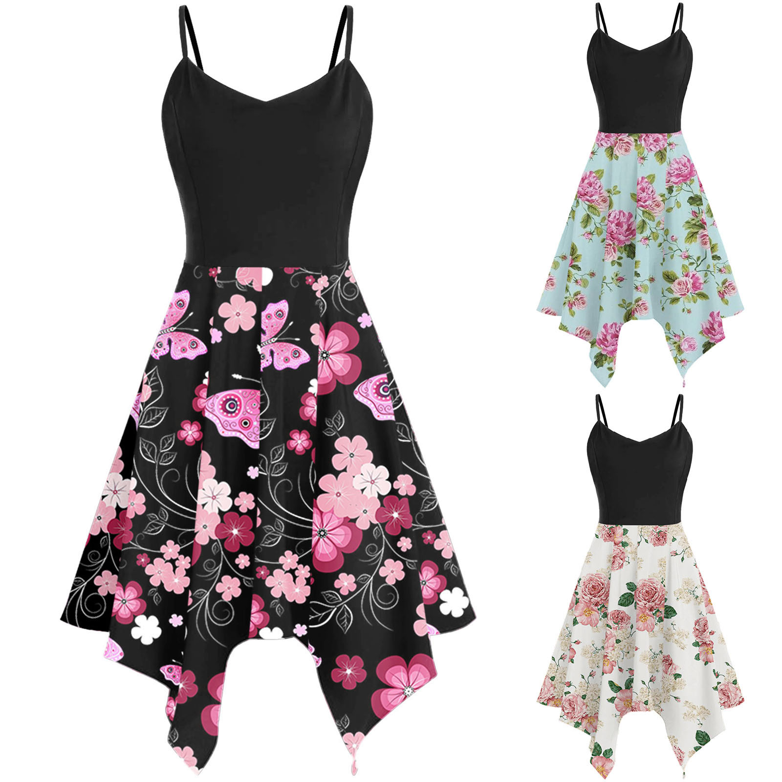 Plus Size 5xl Fashion Dresses For Women Floral Print Asymmetric Camis Handkerchief Dress Sleeveless High Waist Mini Party Dress - Image 5