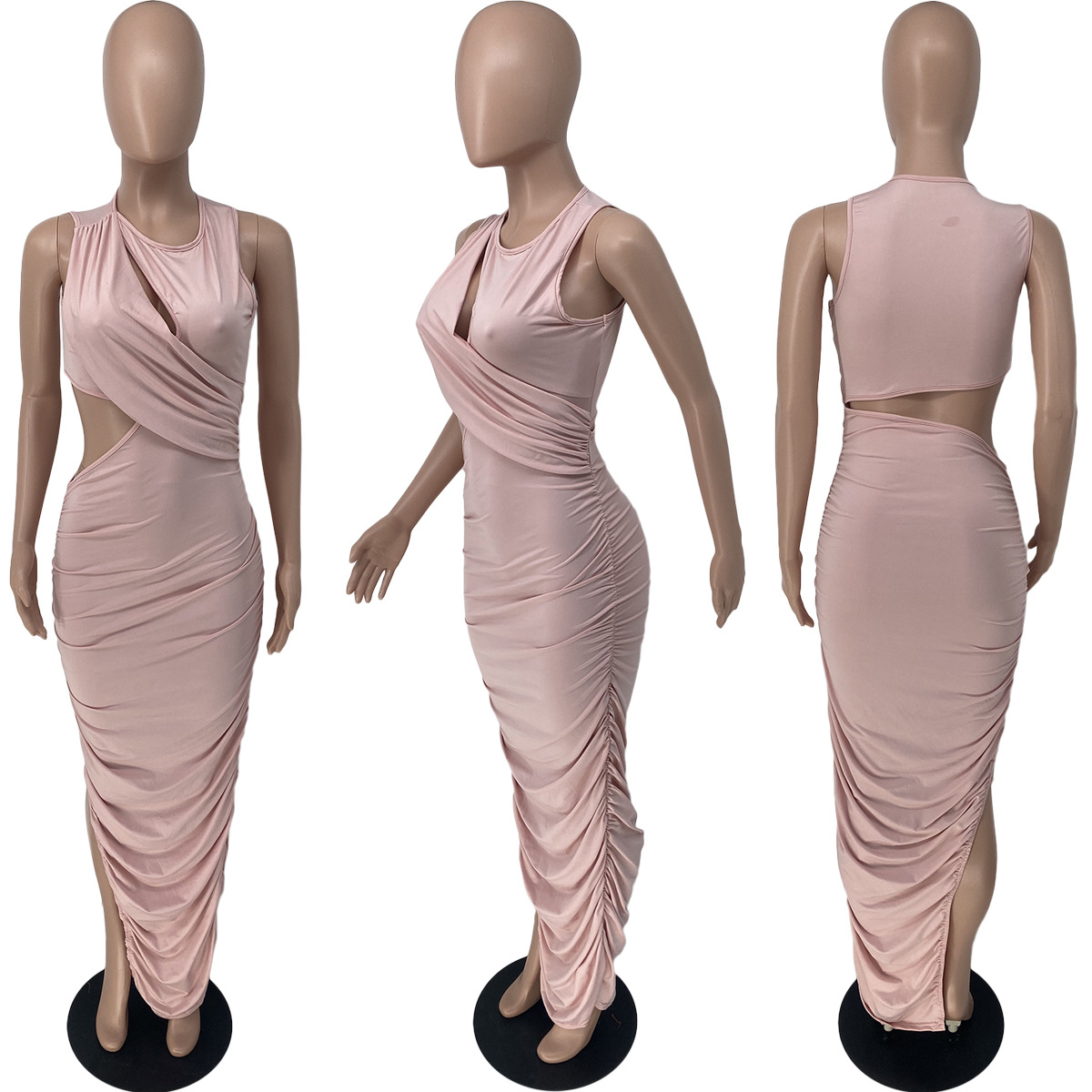 Sexy Ruched Cut out Long Dress Women Split Bodycon Party Dresses Summer Tank Sleevelsess Bodycon Maxi Sundress Fashion Clubwear - Image 2