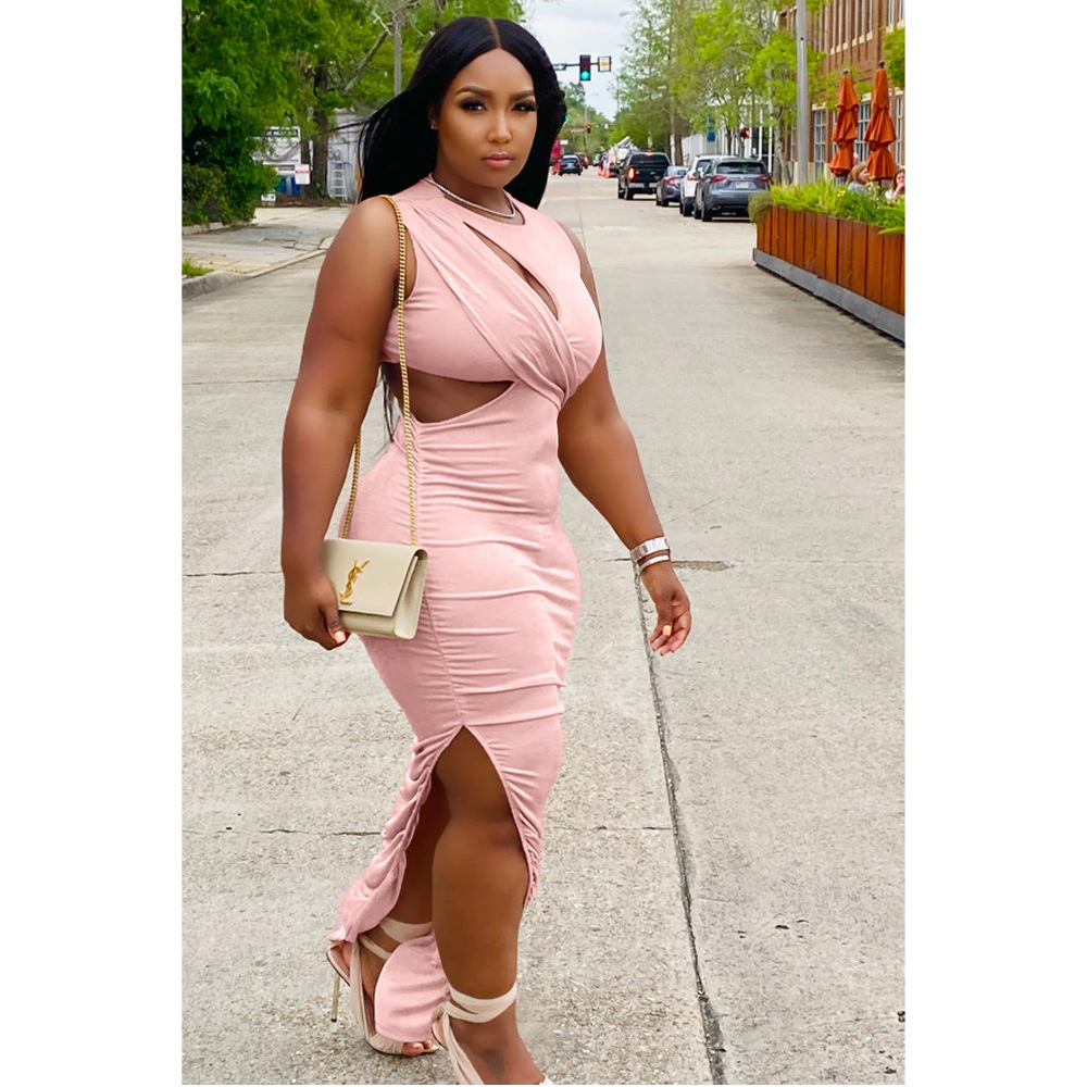 Sexy Ruched Cut out Long Dress Women Split Bodycon Party Dresses Summer Tank Sleevelsess Bodycon Maxi Sundress Fashion Clubwear - Image 3