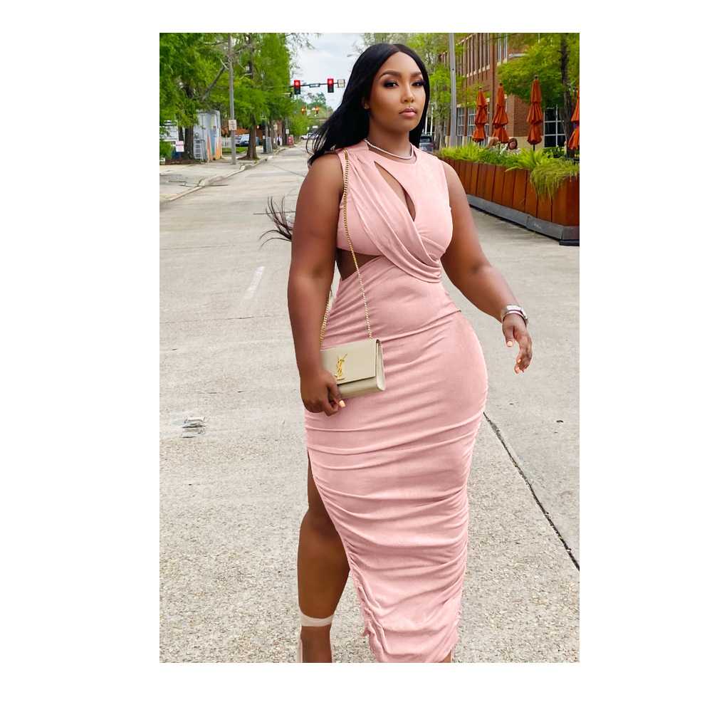 Sexy Ruched Cut out Long Dress Women Split Bodycon Party Dresses Summer Tank Sleevelsess Bodycon Maxi Sundress Fashion Clubwear - Image 4