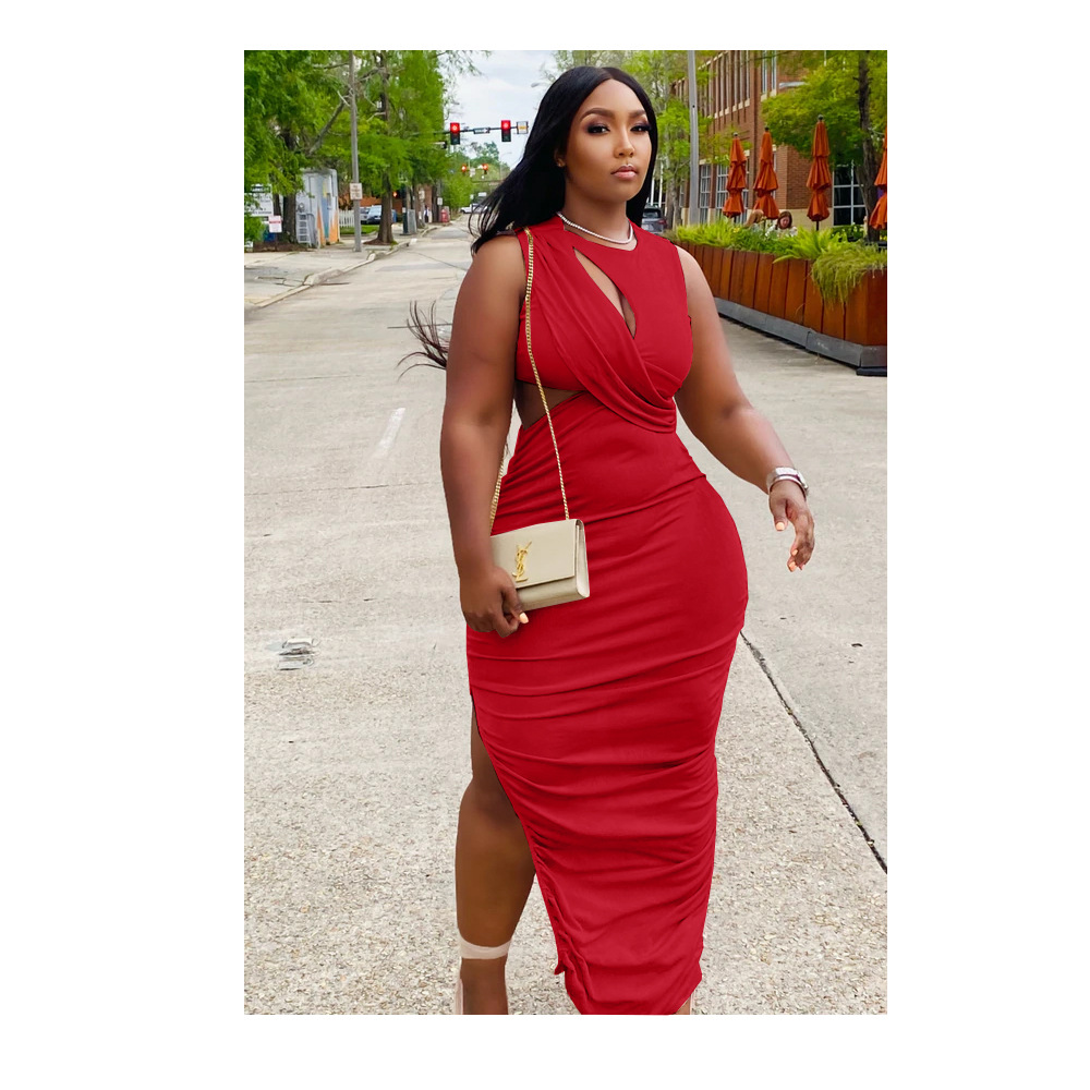 Sexy Ruched Cut out Long Dress Women Split Bodycon Party Dresses Summer Tank Sleevelsess Bodycon Maxi Sundress Fashion Clubwear - Image 6
