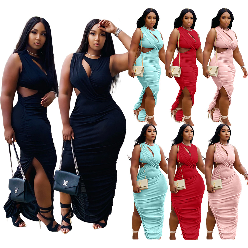 Sexy Ruched Cut out Long Dress Women Split Bodycon Party Dresses Summer Tank Sleevelsess Bodycon Maxi Sundress Fashion Clubwear